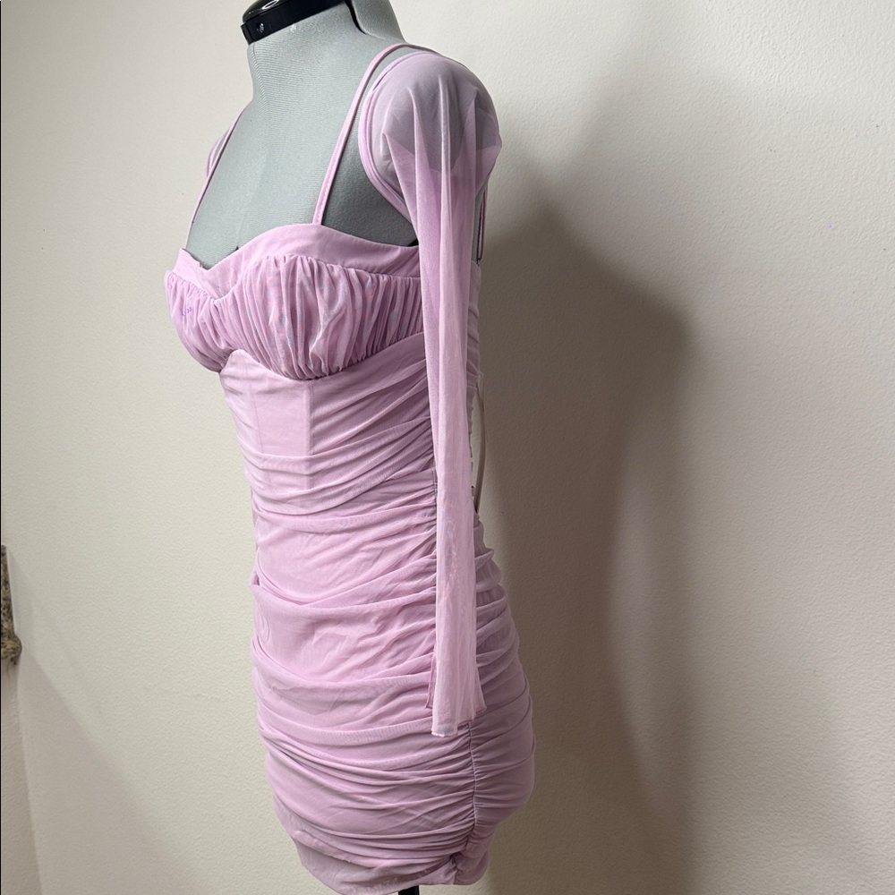 Oh Polly Pink Ruched Mesh Mini Dress Long Sleeve Bodycon Size 6 NWT - Picture 7 of 10